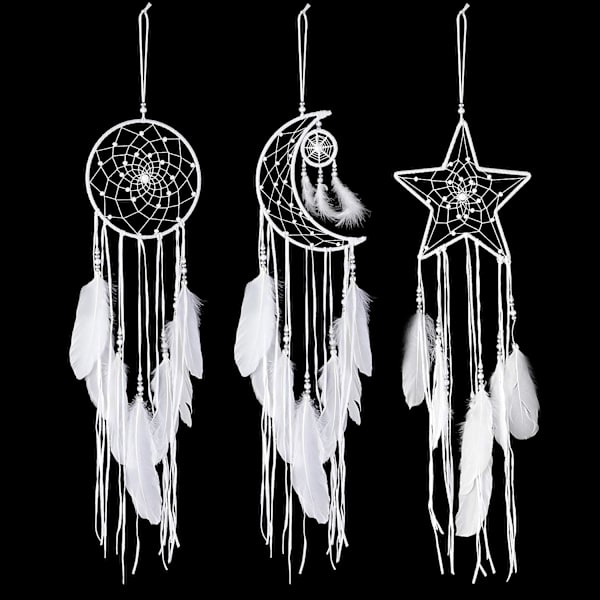 3 stk. Drømmfangere Månens Sol Stjerne Design Håndlavet Traditionelt Design Håndværk Ornament Væghængende Hjem Dekoration Soveværelse (Klassisk Stil, Hvid)