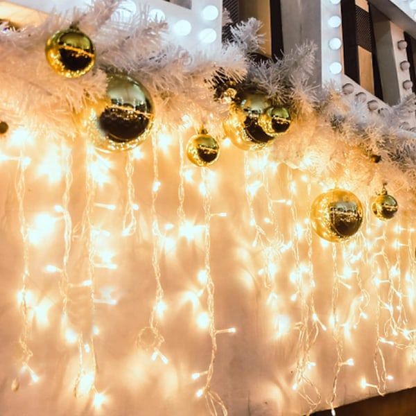 5 m LED-gardin + 3 m strömkabel, med 200,400 stänksäkra LED-lampor, 8 driftslägen med minnesfunktion, varmvit, 5 m