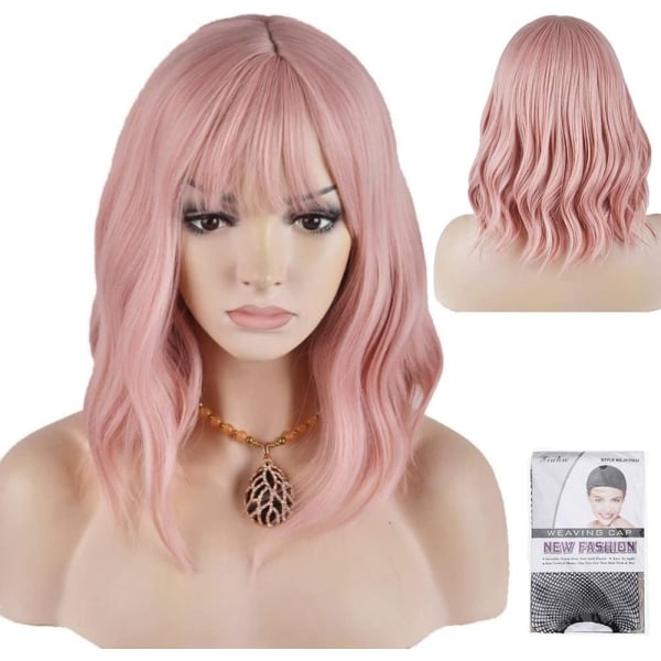 14'' Trendy paryk, lyserød - charmerende syntetisk paryk med langt hår, bølget, luftigt pandehår med mesh - til kvinder og piger