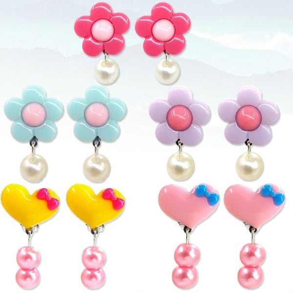 5 par jenteøreringer Clip On-øreringer Dingle Drop-øreringer Tilbehør (rosa/lilla/blå blomster og rosa/gule hjerter)