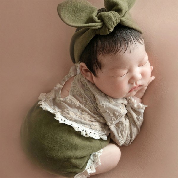 Nyfödd fotorekvisita Bowknot Pannband & Spets Jumpsuits Baby Huvudbonader Långärmad Romper för flicka