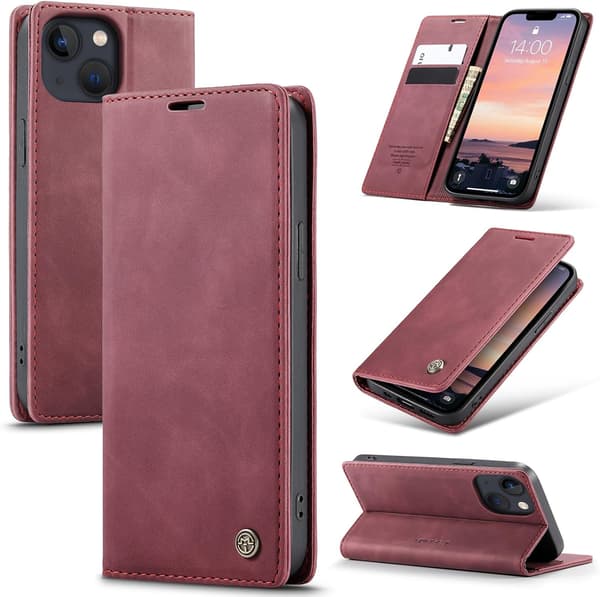 iPhone 14 5G skyddsfodral, PU-läder flip plånboksfodral med kortfack, blå-grön.