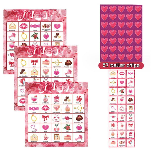 Valentinsdag bingospillkort 24 spillere for barn Festkortspill, skoleklasseromsspill, kjærlighetsfestutstyr