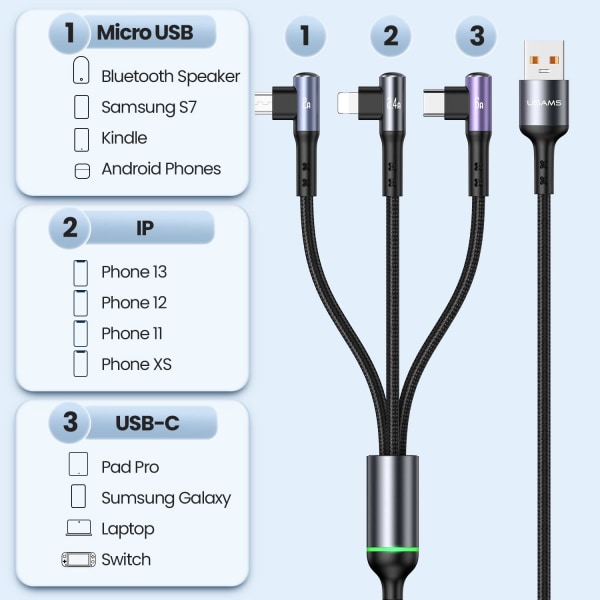66W Multi USB-kabel Kablet 3 i 1 multiladekabel