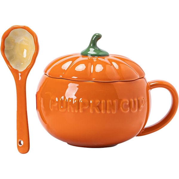 Teknisk søt gresskar-krus, keramisk kaffekrus, 8,5oz tekopp med lokk (krus + skje + silikonhånd (skrell og stikk)) oransje 250ml kopp og skje og hånd pumpkin