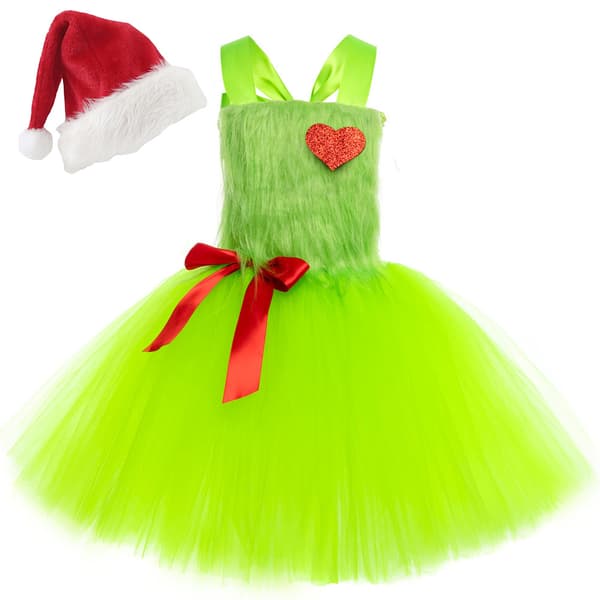 Grinch grønn monster-tyllkjole for jenter, kostyme til julefest og rollespill L
