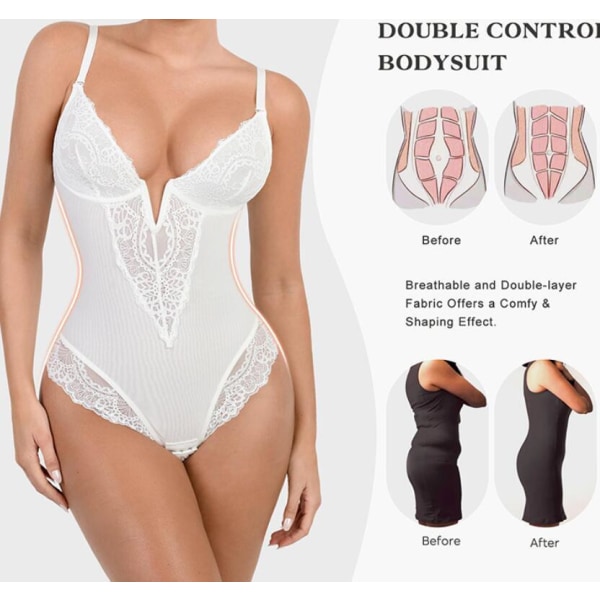 Lace Shapewear Body Dame Tummy Control Bodysuit Hvit White M