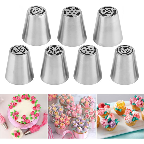 Ryska set, rostfritt stål Cupcake Blomformad frosting munstycke kit, Köksprylar för bakverk Cupcakes Kakor Kakor Dekorera kakor (7 st)