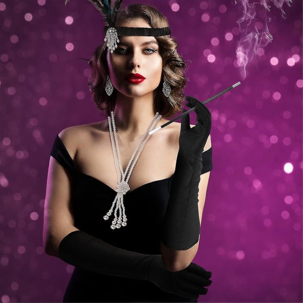 1920-luvun asusteet naisille, Gatsby-asusetti Muoti Roaring 20 set , 7 kpl pääpanta pitkät mustat käsineet kaulakoru korvakorut naisille tyyli A