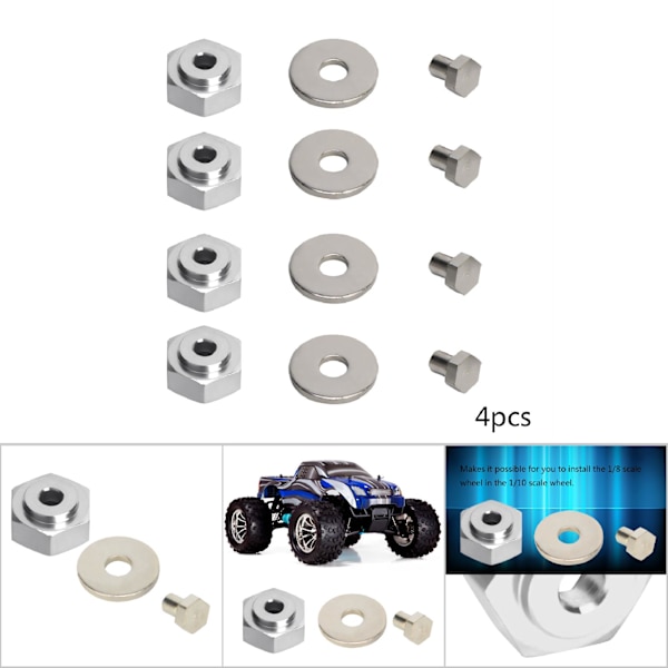 4 st Aluminiumlegering 12mm Vrid till 17mm Hjulhexadapter för 1/10 RC-bil (Silver)