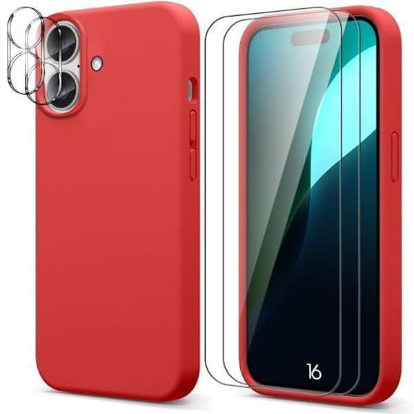 Etui til iPhone 16 Silikon rød + 2 hærdede glas og 2 bagkamera vinduer RED