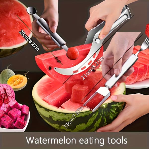 3 stk Sett Vannmelonskive i rustfritt stål, terningkutterdeler og ballskje for sommerfruktspising