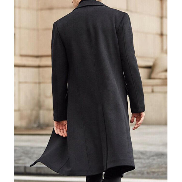 Høytidelig Herre Casual Smal Passform Ullfrakk Lang Jakke Hakkesøm Trenchcoat Black L