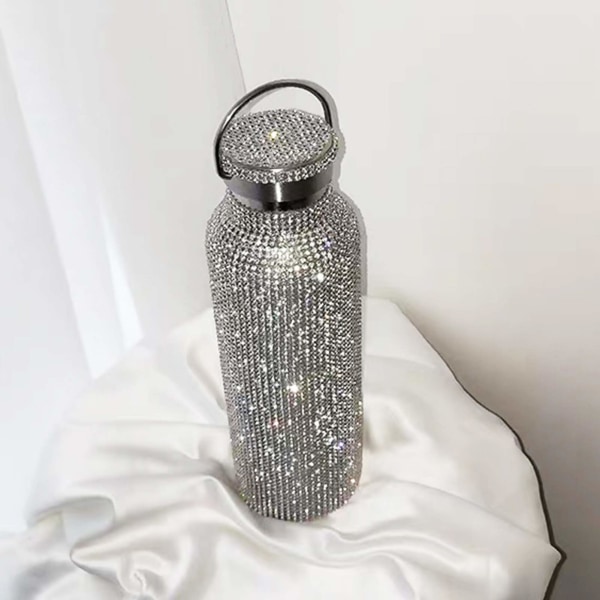 Diamond vannflaske, rustfritt stål isolert vannflaske, glitter vannflasker etterfyllbare vannflasker for kvinner sølv (500 ml)