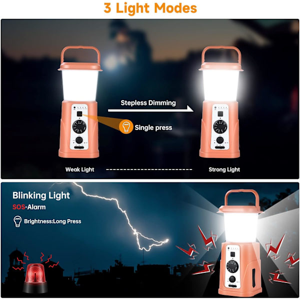 Solcelled Campinglys, UTEBIT Campinglanterne med håndsvinget solradio, 10000mAh Genopladelig