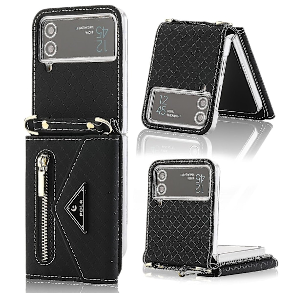 Lompakko Kotelo Yhteensopiva Galaxy Z Flip 4:n kanssa, Ristiriimu Lanyard PU Nahka Suojaava Kotelo Korttipaikoilla Musta Black For Galaxy Z Flip 4
