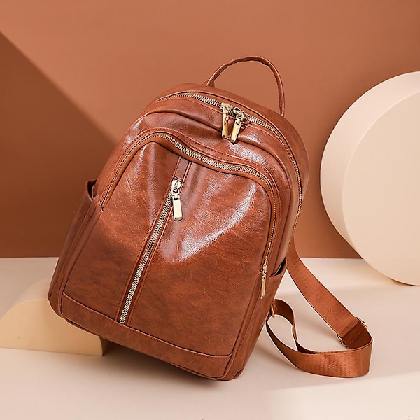 Retro Mjukt Läder Stor Kapacitet Dam Ryggsäck Enfärgad Casual Student Skolväskor Högkvalitativa Dam Reseryggsäckar Khaki