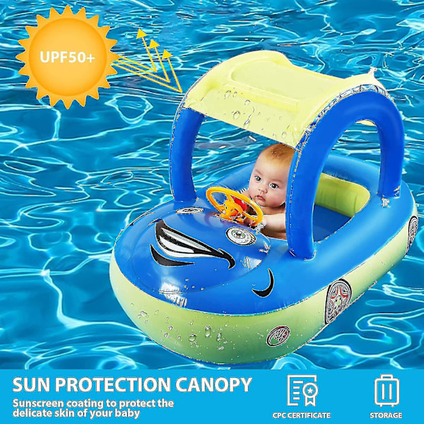 Uppblåsbar Baby Pool Float med Solskydd, Bilformad Badbåt för Spädbarn Småbarn Barn