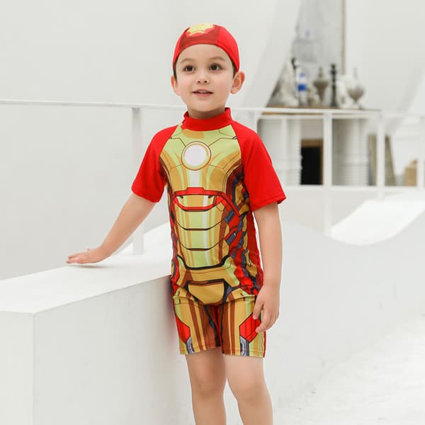 Badedrakt for barn, badedrakt for gutter i ett stykke, medium og stor Iron Man suit with hat XL (7-8 years old)