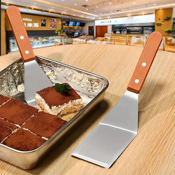 Rustfri stålspade med skrå kant og træhåndtag, stor vender til støbejernspander, bageplader og grill 1pc