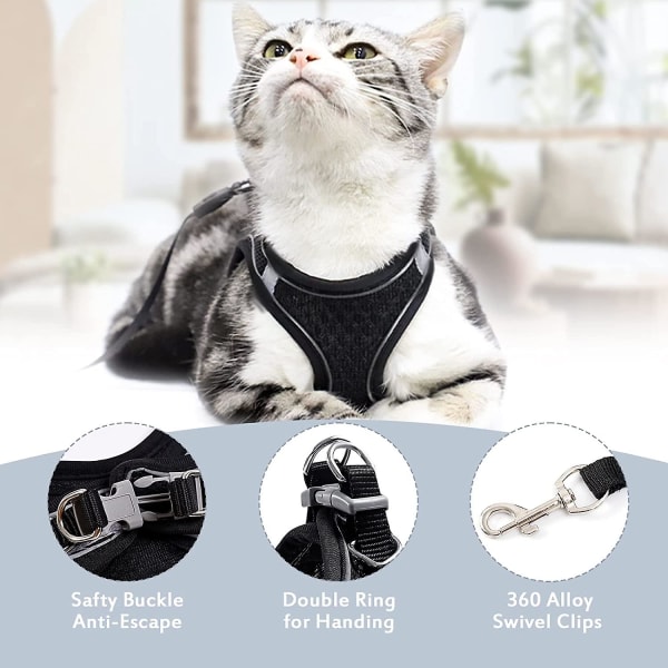 Pustende og justerbar kattesele - Kattebånd med reflekser - Halsbånd, seler og bånd til katter og små hunder - svart (xs)