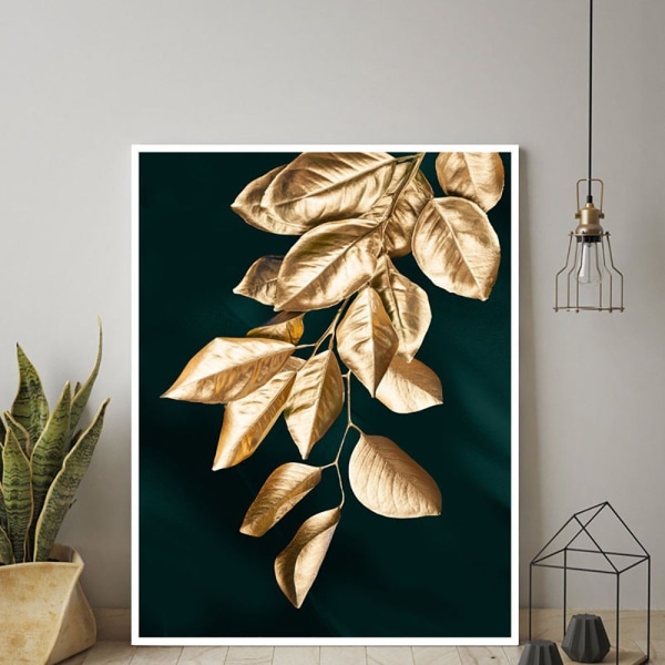 Set av 3 Designaffisch Väggkonst, Forest Golden Leaves Palm Leaf