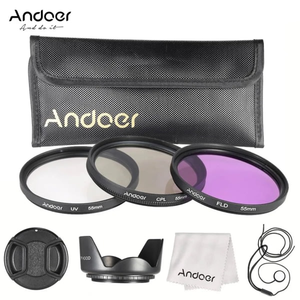 Andoer 55 mm filtersett (UV + CPL + FLD) + Nylon bæreveske + hette + deksel + linsedeksel + linsevaskeklut