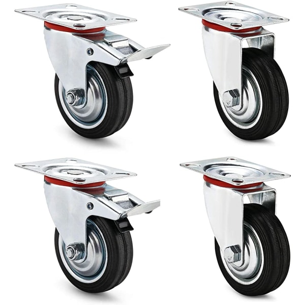 75MM möbeltransporthjul, 4 st utrustningshjul, 2 x svängbara hjul + 2 x svängbara hjul med broms, 360° svängbar, lastkapacitet 200 kg