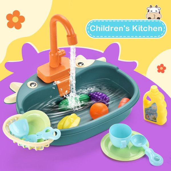 Simulering av lekevask for barn - Kjøkkensett for barn med elektrisk sykkelsystem - Frukt- og bestikkeleker - rennende vann
