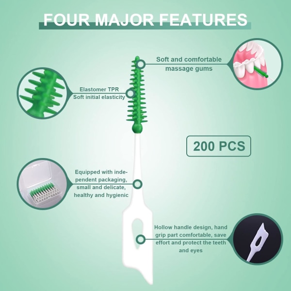 200 stk mellomromsbørster myk silikontannbørste Dual Purpose Dental Cleaning Tool Floss Stick (grønn)