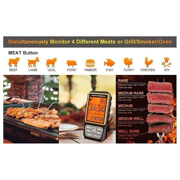 328ft Trådlös Kötttermometer för Grillning Rökning BBQ Ugn Digital Mat Kökstermometer med 4 Prober Timer Alarm