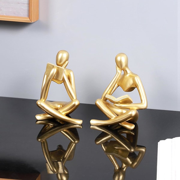 Gyllene Läsande Kvinnlig Staty, Tänkare Skulpturer, Abstrakt Konst Ornament