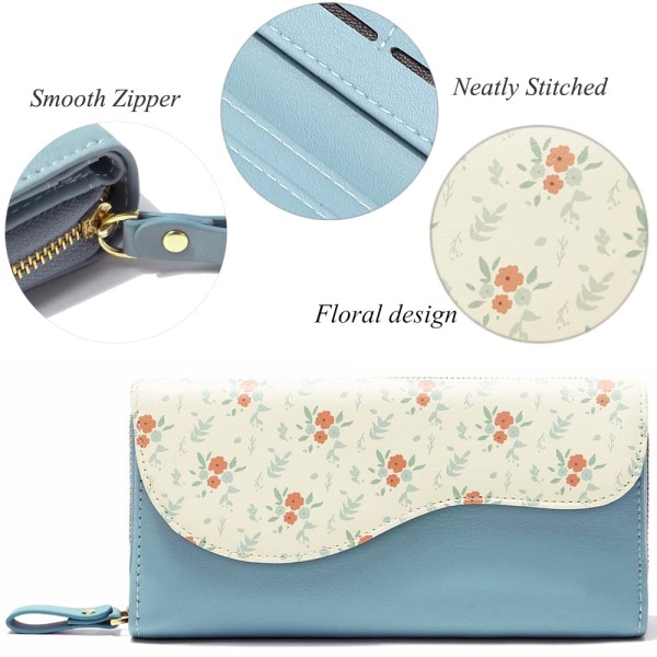 Läderplånbok för damer, långa plånböcker i blommönster med flera kortplatser och rymligt fack (blå)