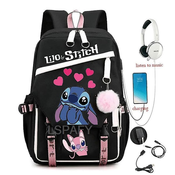 Lilo och Stitch USB-ryggsäck med stor kapacitet för tonåringar, studenter, män och kvinnor, fritidsresor, barnryggsäck
