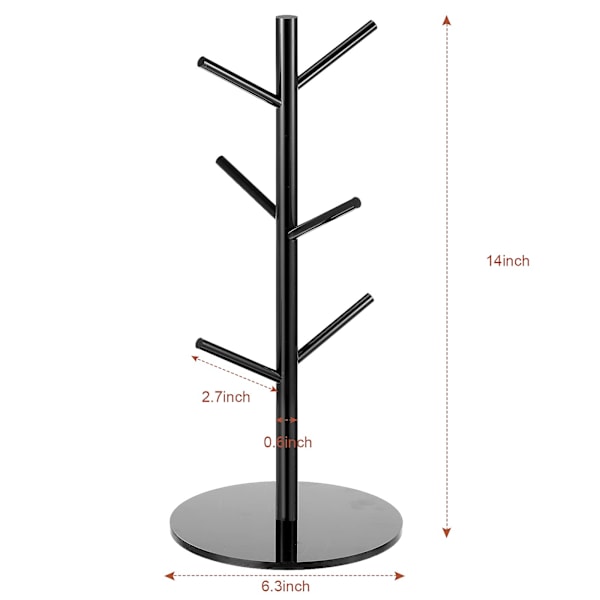 14 tommers akryl kaffekoppstativ koppholder tre kaffekopp ramme koppholder for benk med 6 kroker avtakbart akrylkoppstativ (svart)