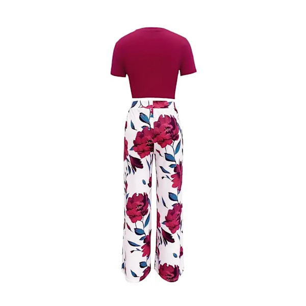 Boho Sommar Tvådelat Set, Kortärmad T-shirt & Högmidjad Blommig Print Bred