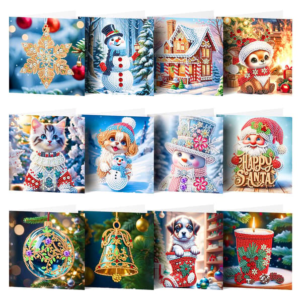 DIY Jule Diamantmaleri Sæt – Håndlavede Ferie Håndværksgavekort og Postkort til Festlige Hilsner 15*30CM HKDZ40 12-piece set