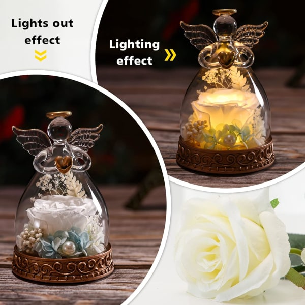 Bevaret ægte rose glas engel figur med LED lys - engel gaver til kvinder, mor, bedstemor, perfekt til jul, fødselsdag, mors dag Angel Yellow-With LED Light