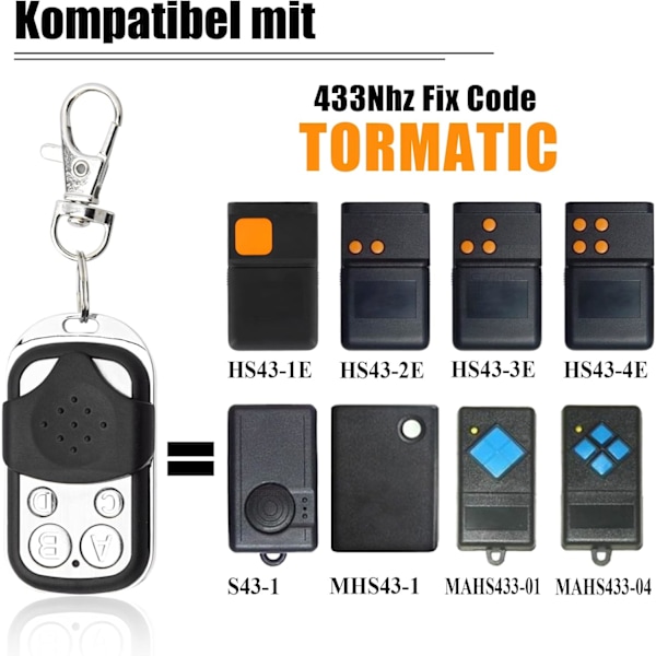 433MHz Fix Code Clone garasjeportåpner fjernkontroll kompatibel med TORMATIC DORMA HS43-1E | HS43-2E Håndholdt sender 2 stk