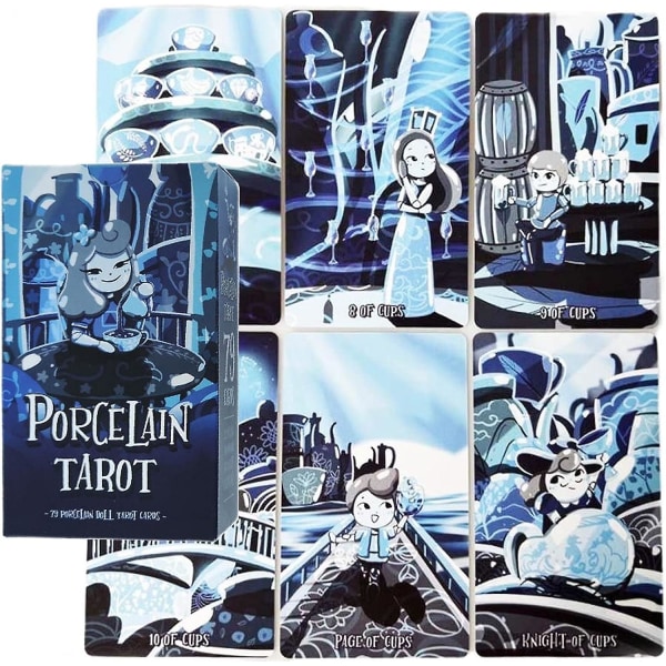Posliininen Tarot-pakka 79 sinistä sarjakuvatyylistä Tarot-korttia, vakiokoko (4,75 x 2,75 tuumaa)