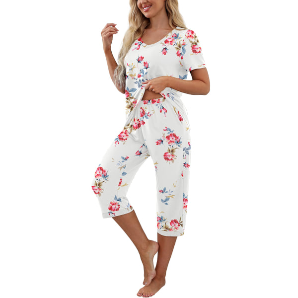 Naisten pyjama, lyhythihainen T-paita ja pitkät pyjamahousut variety L