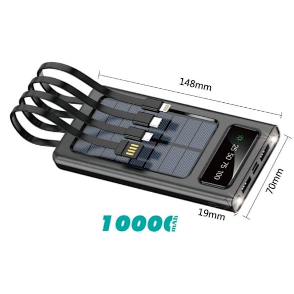 Aerbes Powerbank med solceller - 10.000 mAh - Sort Sort Black one size
