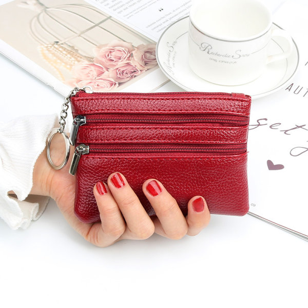Kvinner Myntvesker i ekte skinn Mini-lommebok med nøkkelring og glidelås Mini-lommebok, rød