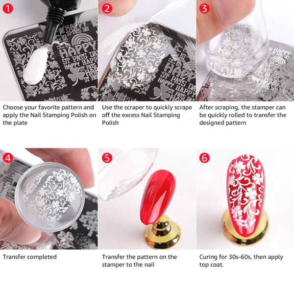 10 stk/sæt Nail Art stemplingsark med klar silikone stemplingsskraber Blomster geometrisk mønsterudskrivning til Nail Art stemplingsark Nail Art Tool Kit
