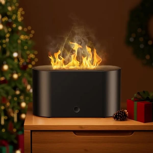 7-farvet simuleret flamme luftfugter aroma diffuser med farveskiftende natlys til hjemme-aromaterapi luftfugter sort