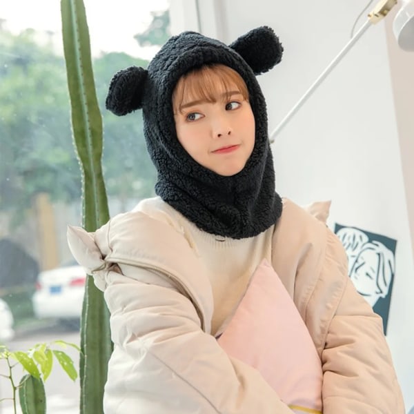 Cute Bear Ears Thermal Hat, Windproof Bib Hat, Black