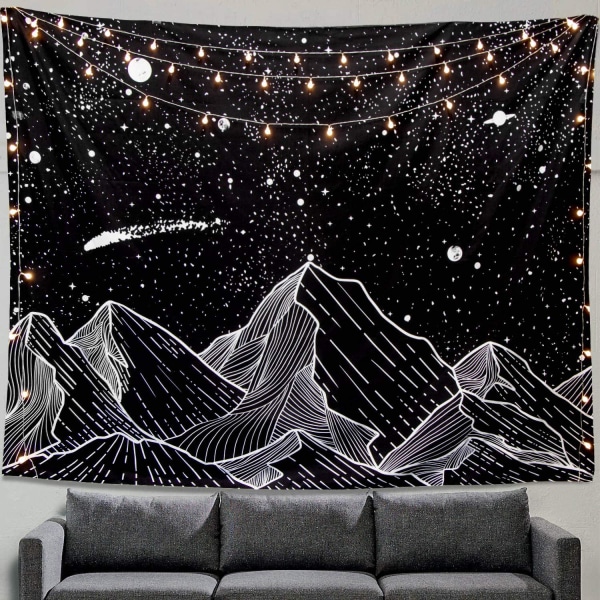 Mountain Moon Gobeläng Vägghängande stjärnor Svart och vit konst Gobeläng Heminredning (60" x 60")