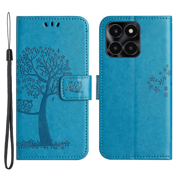 For Honor X6a 4g Owl Tree Tryckt PU-Läder Stativfodral Fullt Skyddande Omslag Blue