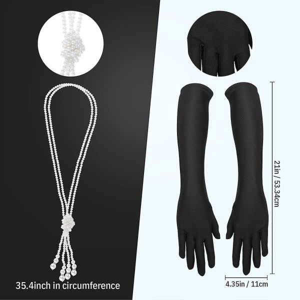 1920s Accessories for Women, Gatsby Accessories Set Fashion Roaring 20s Set, 7 Pcs Headband Long Black Gloves Necklace Earrings For Women style A