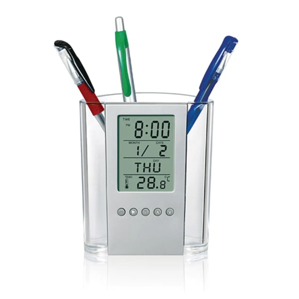 Pennhållare digital LCD skrivbord väckarklocka pennhållare kalender timer temperatur skrivbord elektronisk klocka kontor